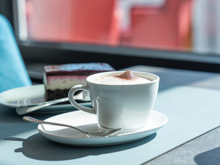 kaffeetasse-mit-kuchen-im-fruehstuecksraum cappucino-mit-lockerem-milchschaum-einem-leckeren-hausgemachtem-kuchen-im-hellen-fruehstuecksraum